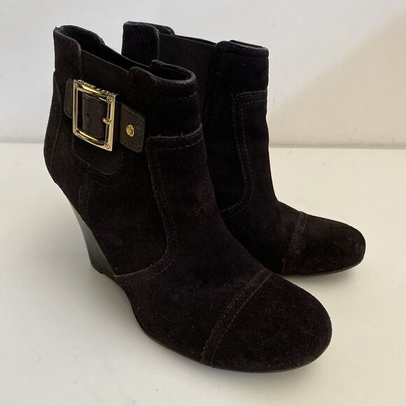 Tory Burch Adrienne Ankle Boot Bootie Brown Suede Gold Buckle Wedge Heel… - Picture 2 of 9